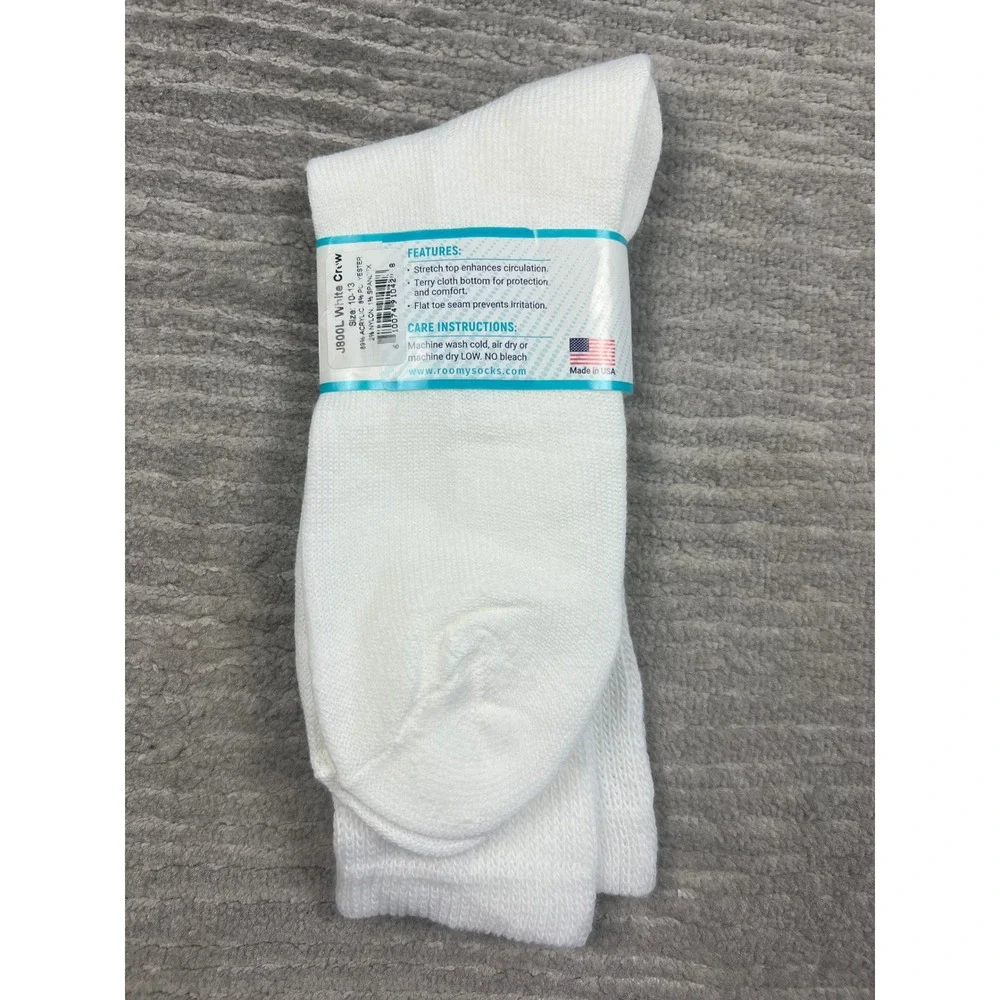 Roomy Socks Diabetic Crew Socks Unisex 10-13 White J800L Stretch Top Non-Binding